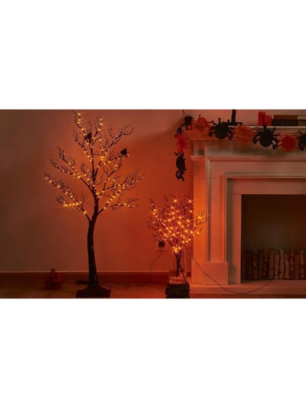 Glittery Black Halloween Tree with 150 Orange Fairy Lights for Indoor/Outdoor